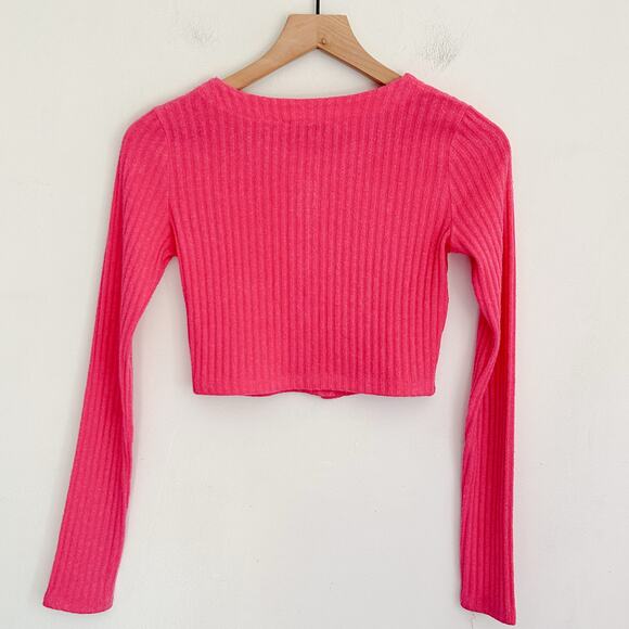 Aritzia Wilfred Cropped Ribbed Long Sleeve Halo Cardigan Sweater Size S Pink - Picture 2 of 6